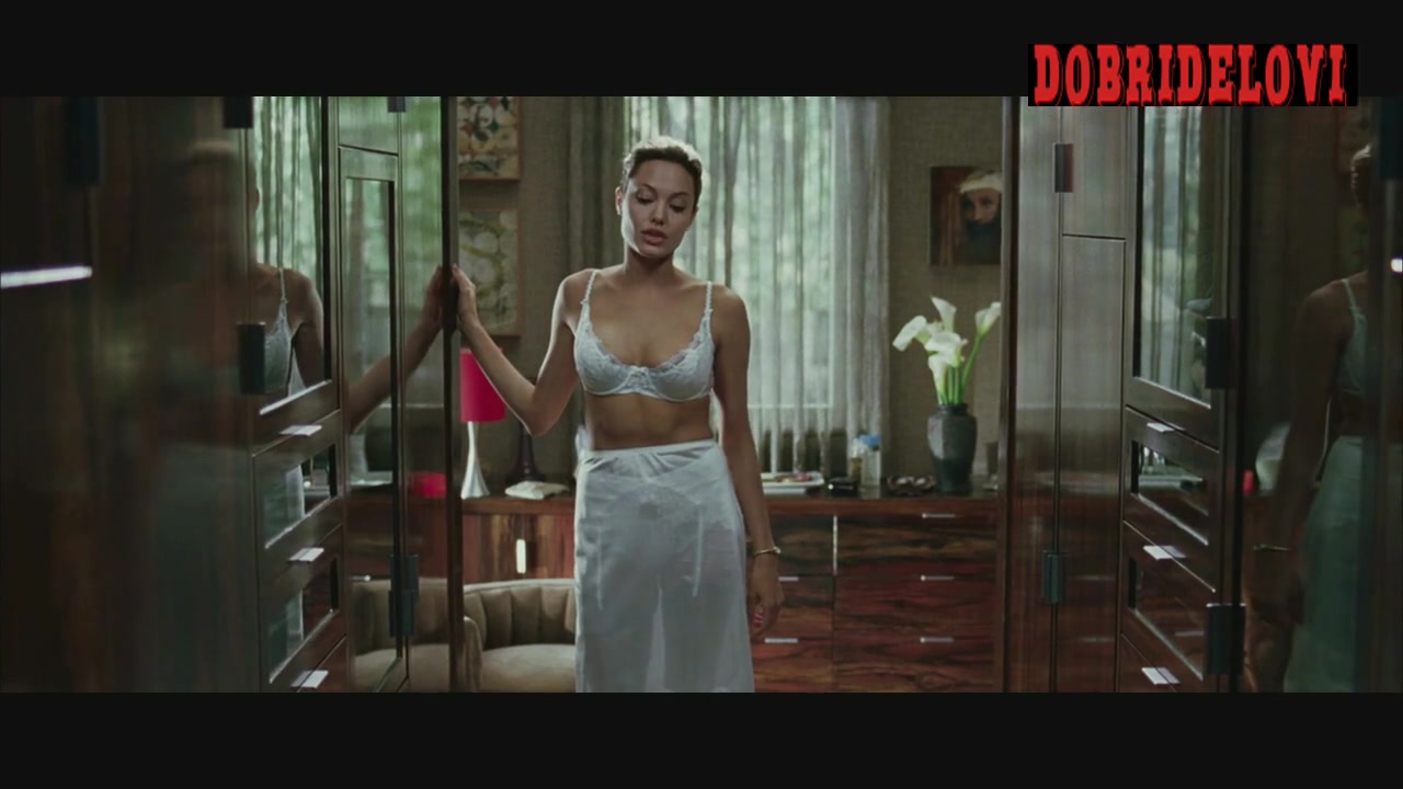 Angelina Jolie white bra in dressing room -- Mr. & Mrs. Smith