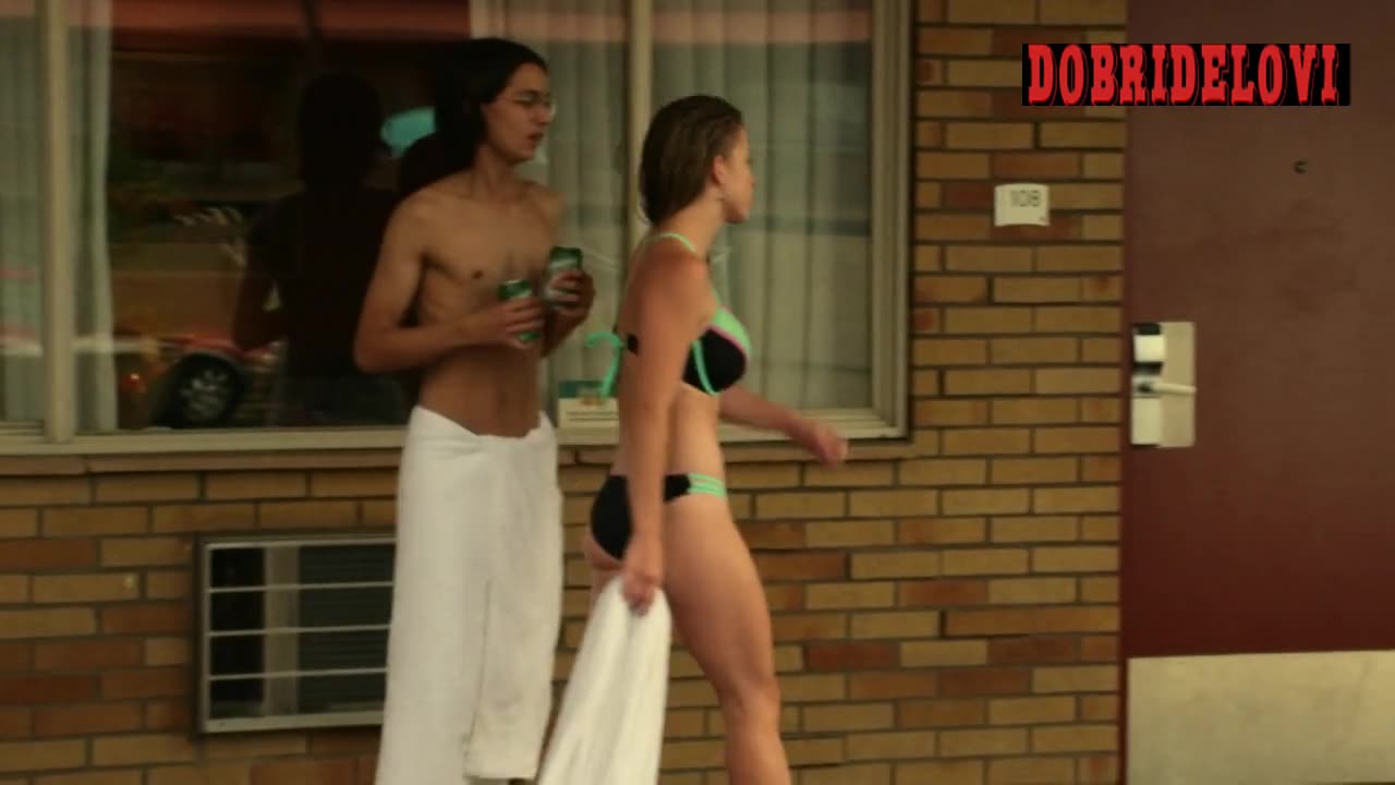 Sydney Sweeney multi color bikini walking around motel