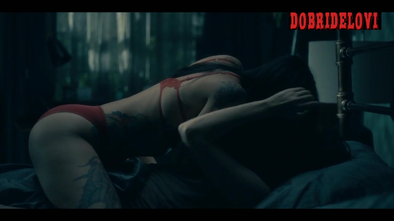 Kate Siegel and Levy Tran with red panties lesbian scene