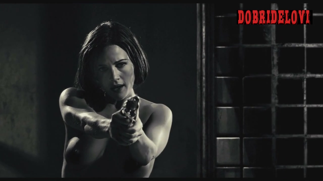 Carla Gugino awakes naked with a gun scene from Sin City