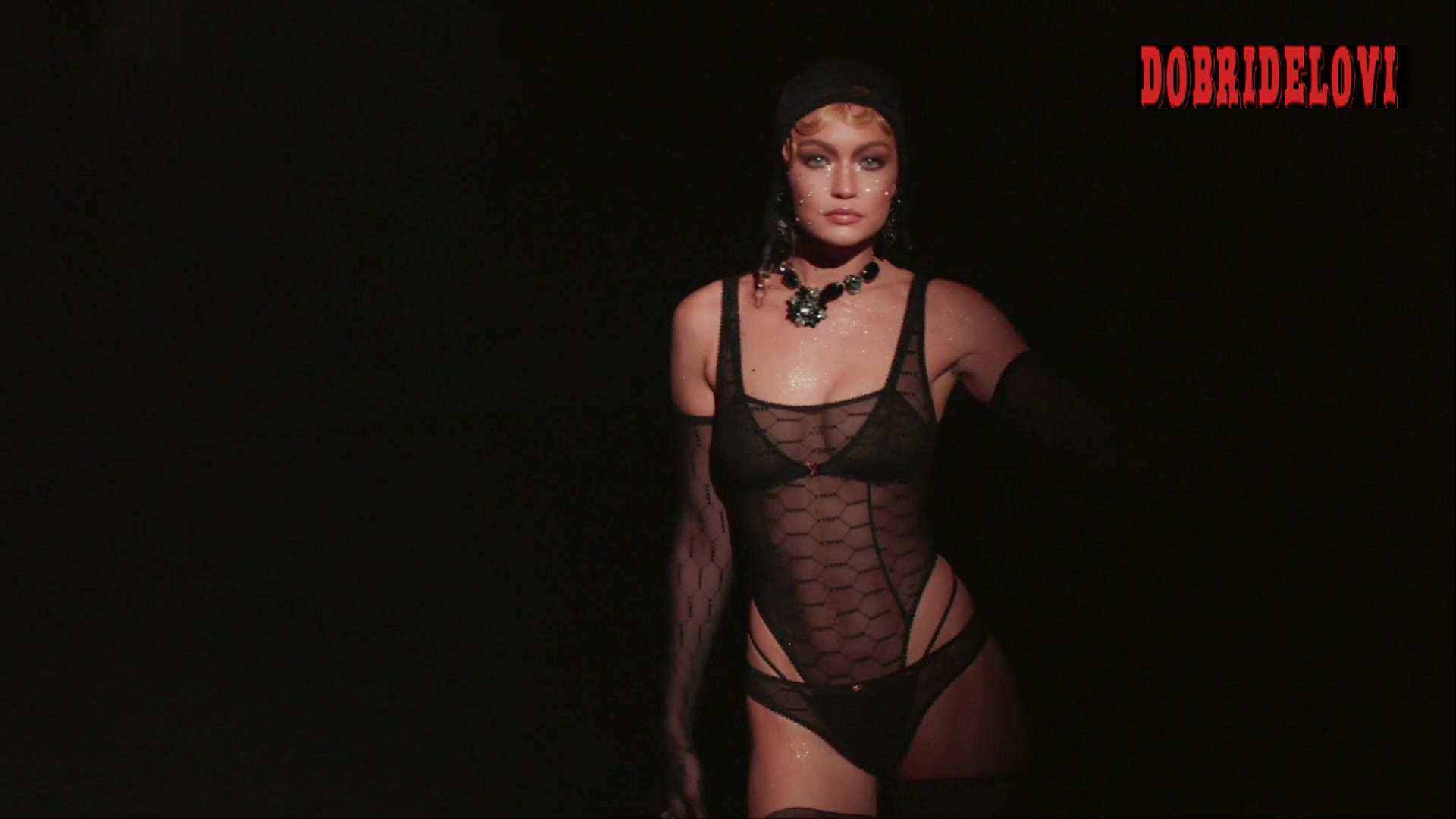 Gigi Hadid modeling scene from Savage X Fenty Show