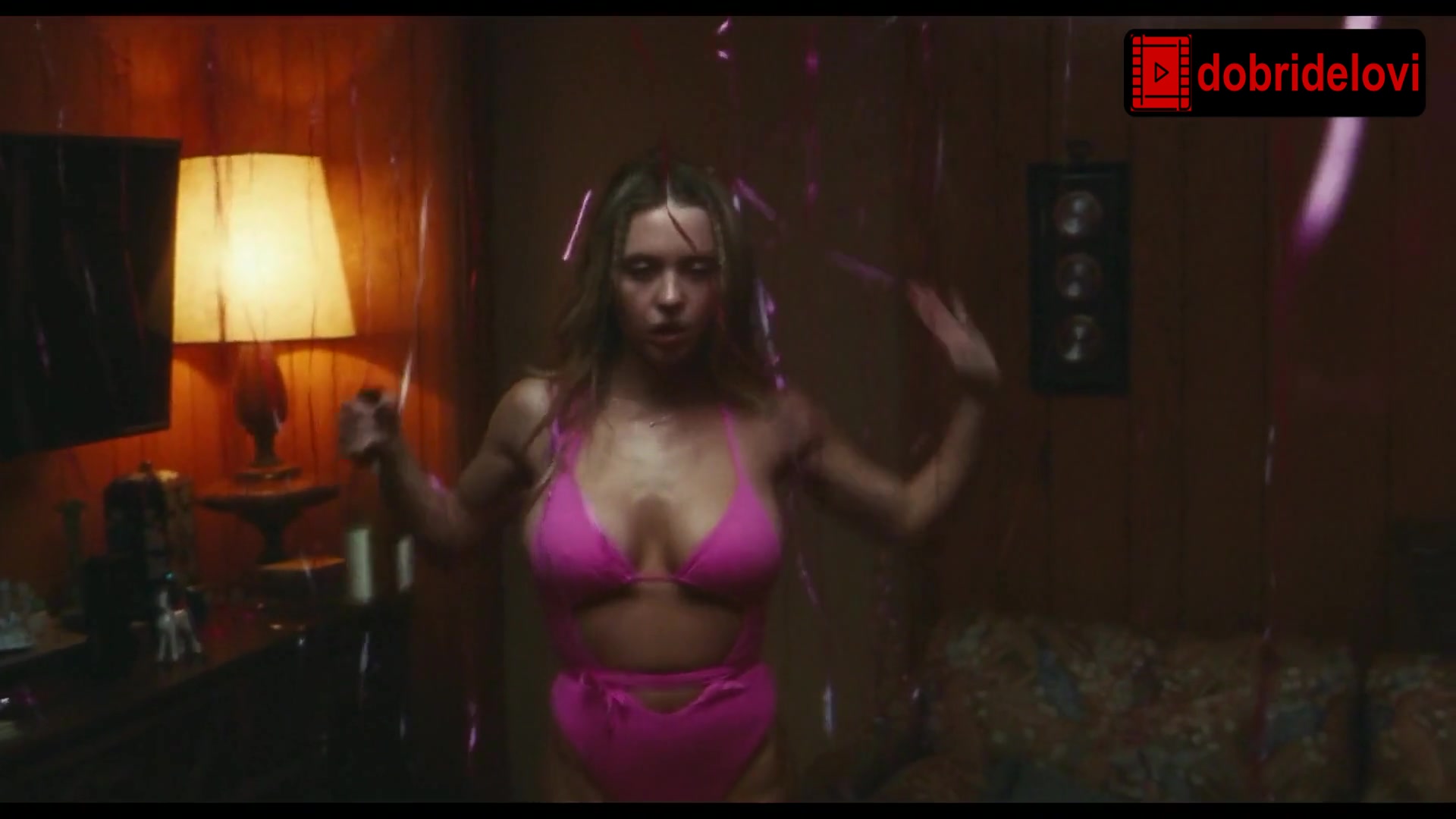 Sydney Sweeney dancing drunk in pink lingerie scene from Euphoria